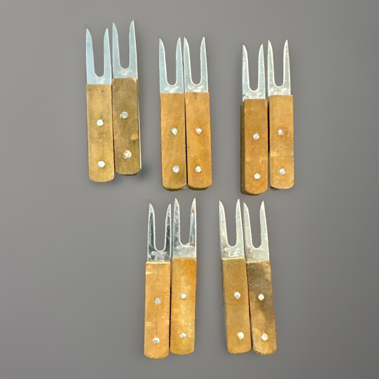 VTG MCM Hors D'oeuvres Forks Corn Holders Wood Stainless Steel Taiwan Lot Of 10
