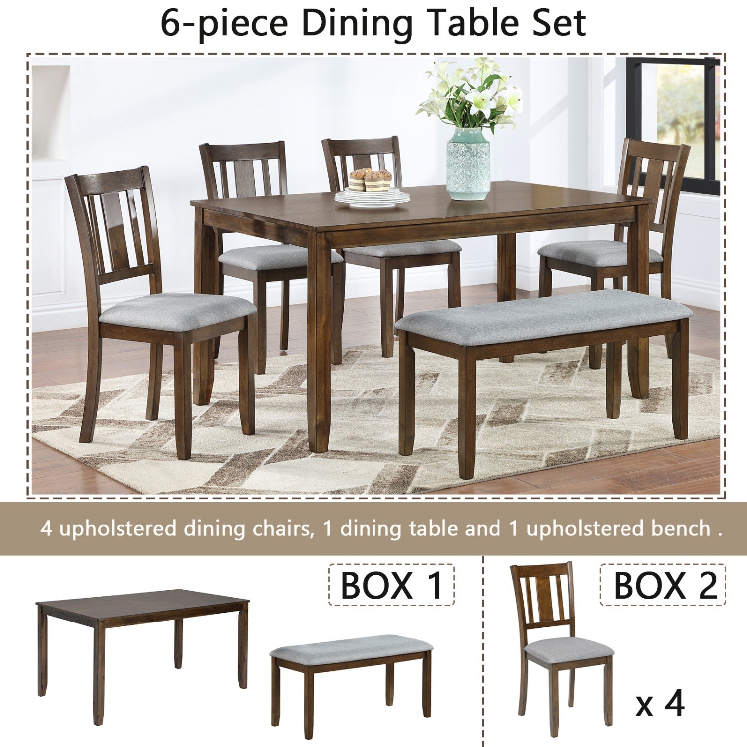 6 Piece Kitchen Dining Set Kitchen Table Wood Dining Table with 4 Chairs & Bench