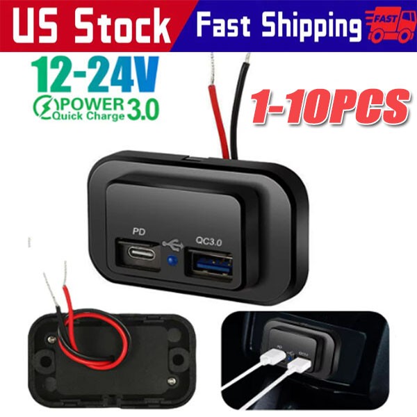 12-24V 4.8A Dual USB PD QC3.0 Car Boat RV Charger Socket LED Power Outlet lot