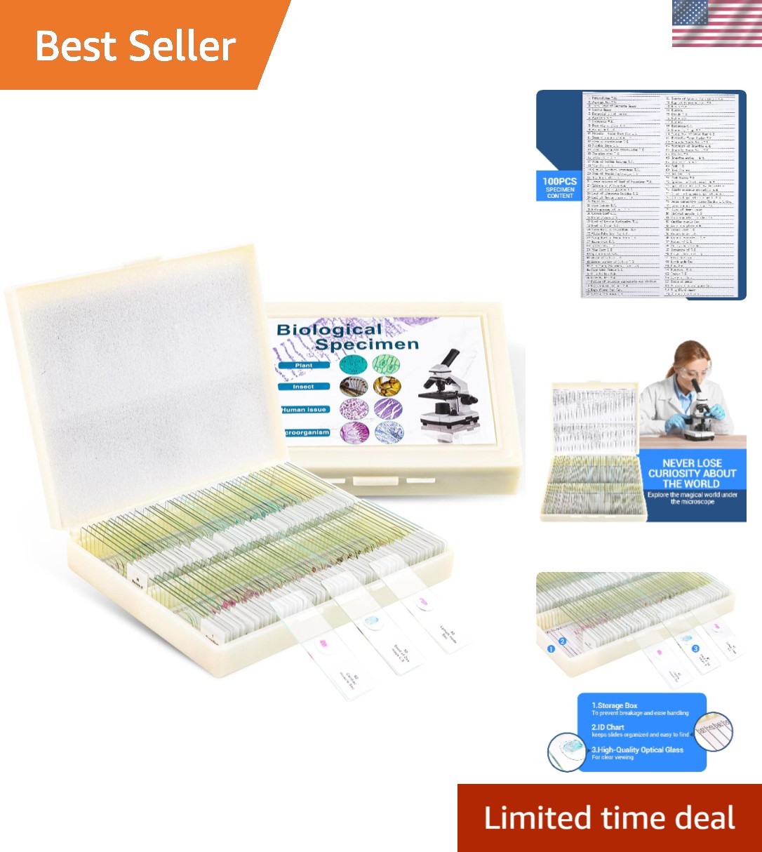 100 Prepared Microscope Slides with Specimens - Perfect for Students & Educators