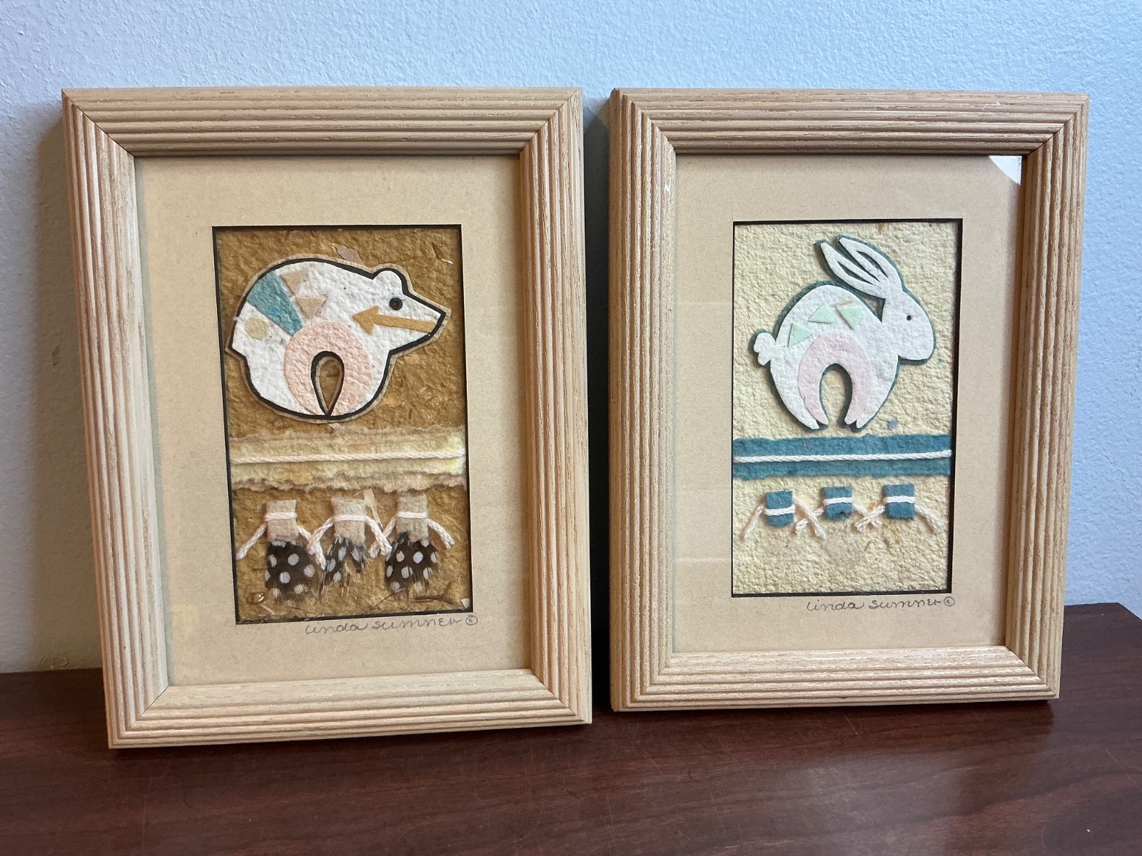 LINDA SUMNER PAPER SIGNED WALL ART 8.5” x 6.5” FRAMED BEAR & RABBIT Signed