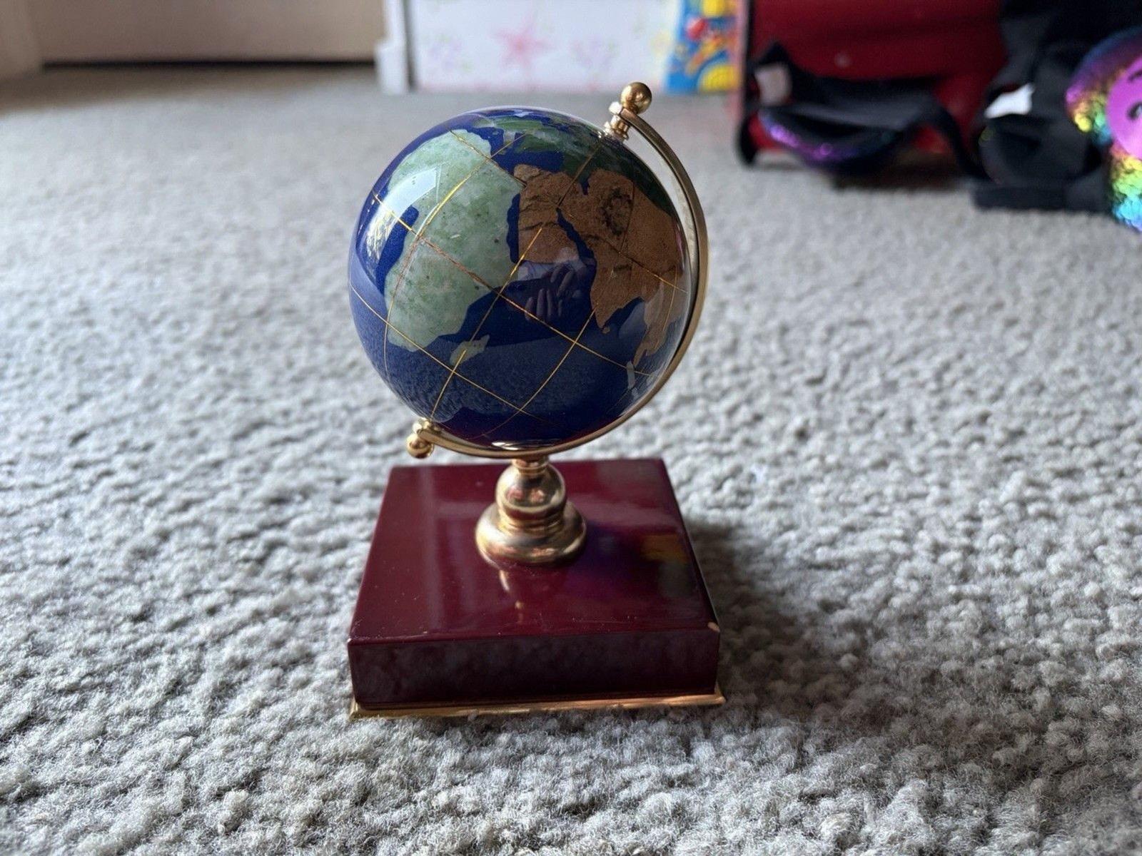 VTG. Blue Lapis Glass World Globe with Semi Precious Gemstones