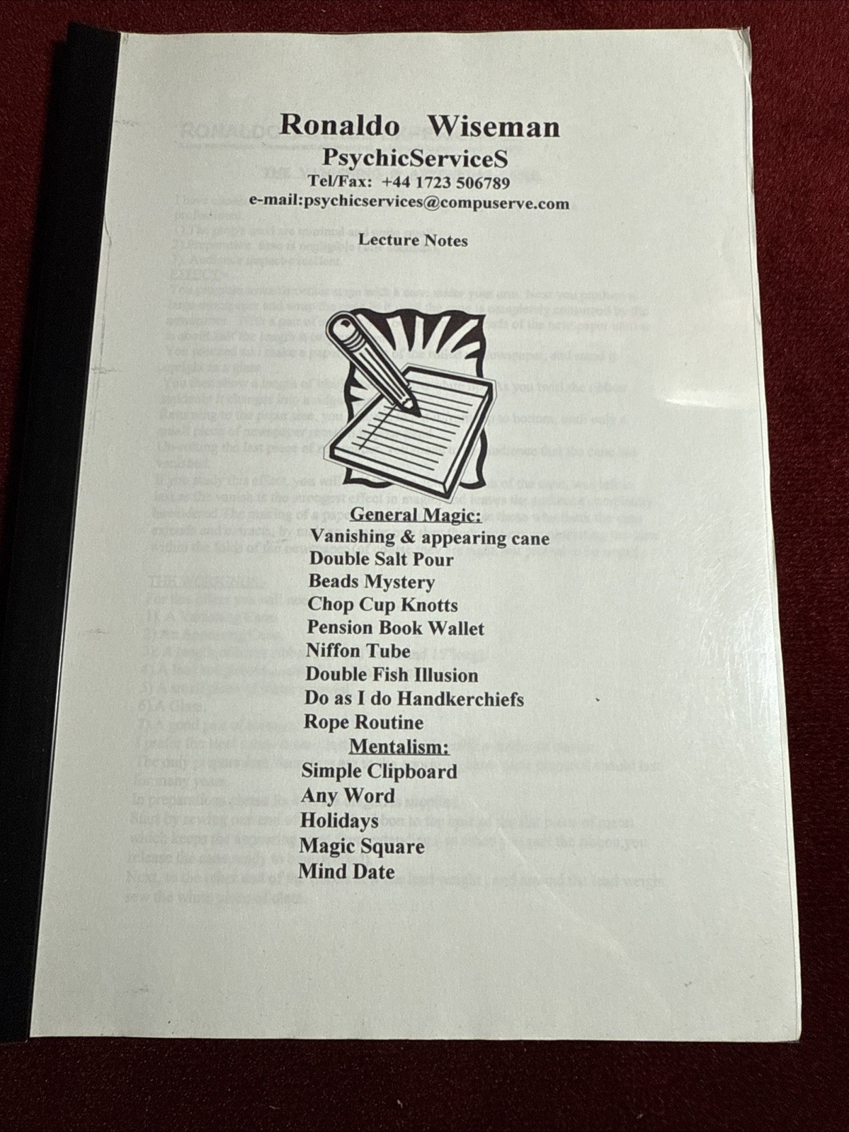 Ronaldo Wiseman Psychic Services Magic Lecture RARE VNTG Parlor & Mentalism