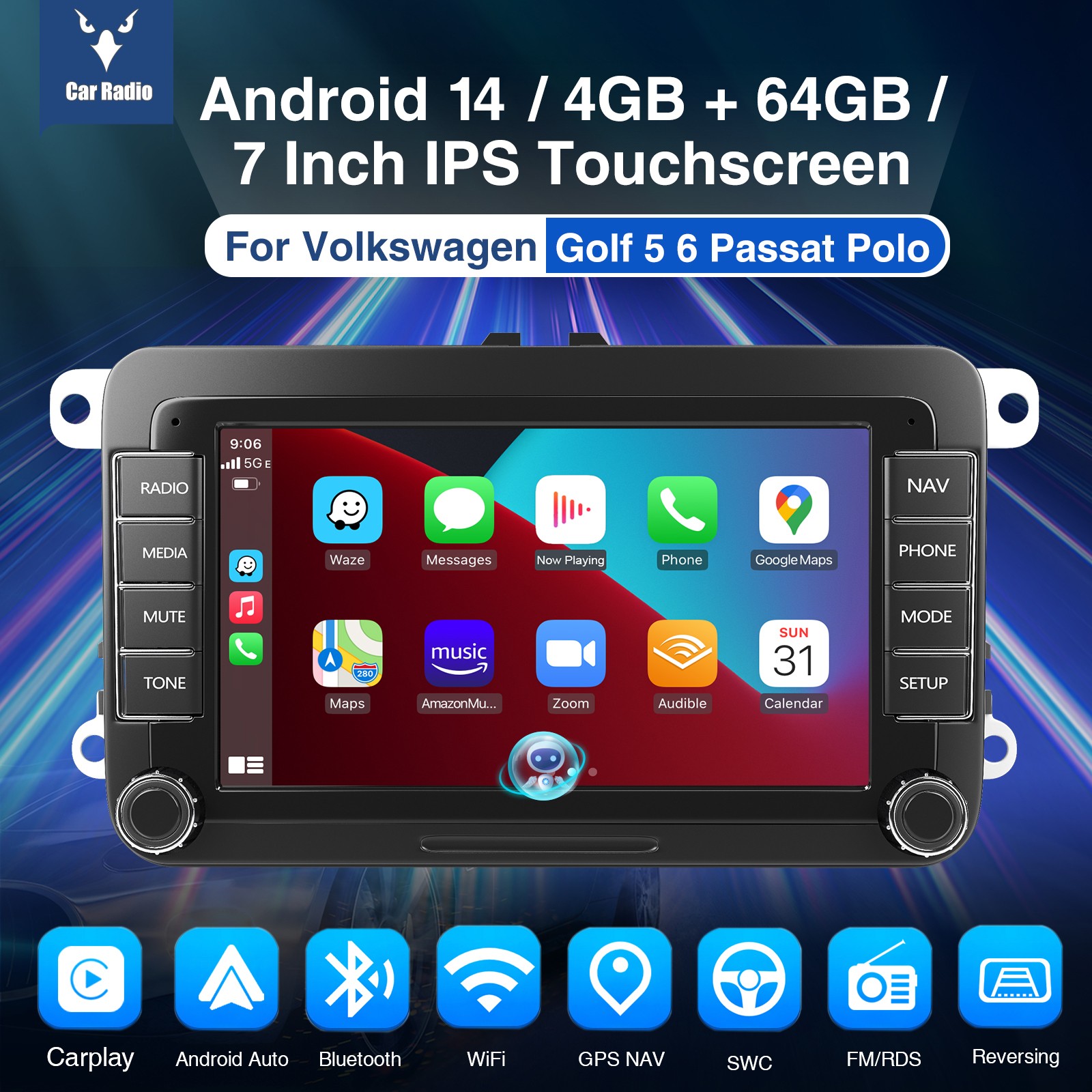 For VW Golf MK5 RCD330 B6 7" CarPlay Android Car Stereo Radio With Backup Camera