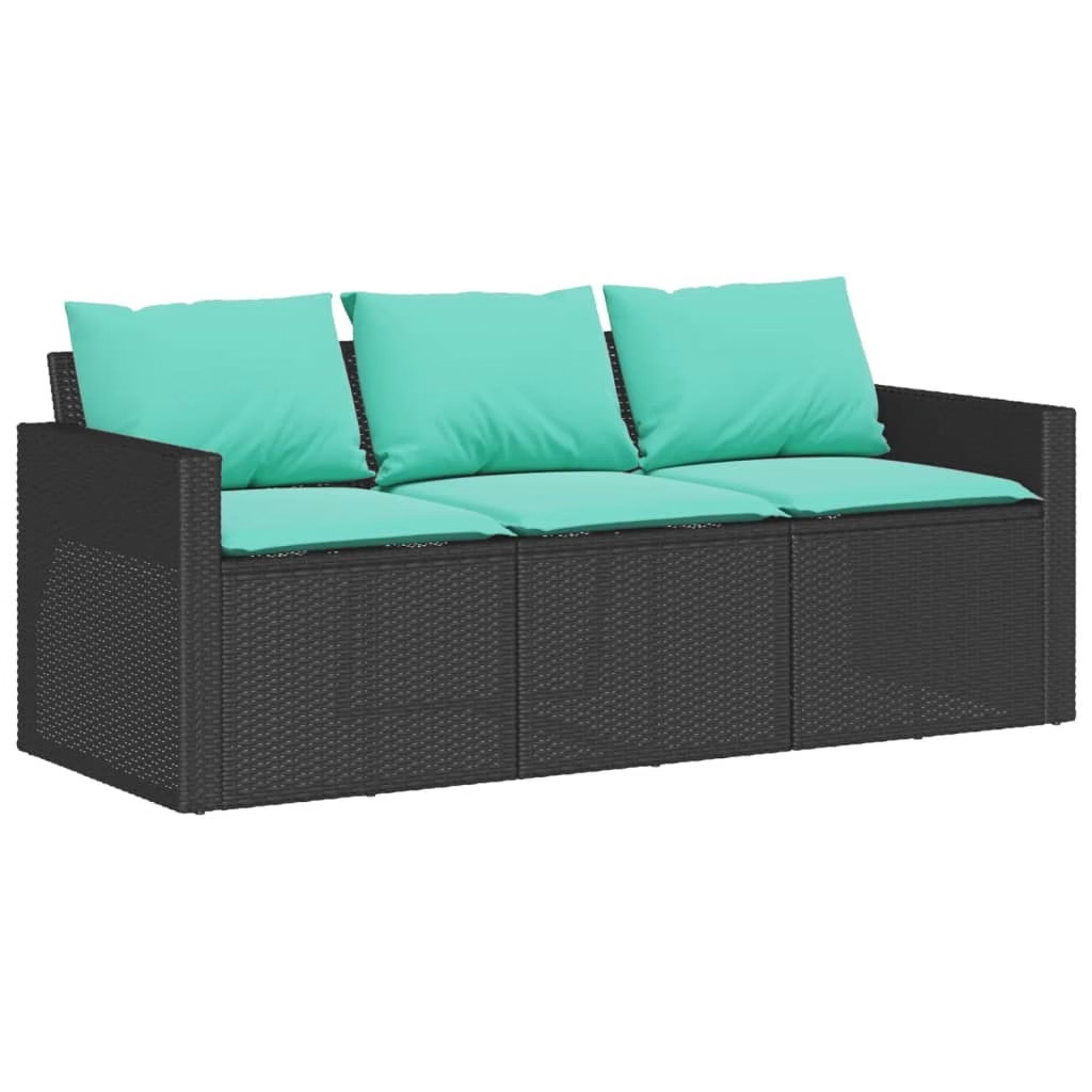 Patio Sofa with Cushions 3-Seater Black Poly Rattan