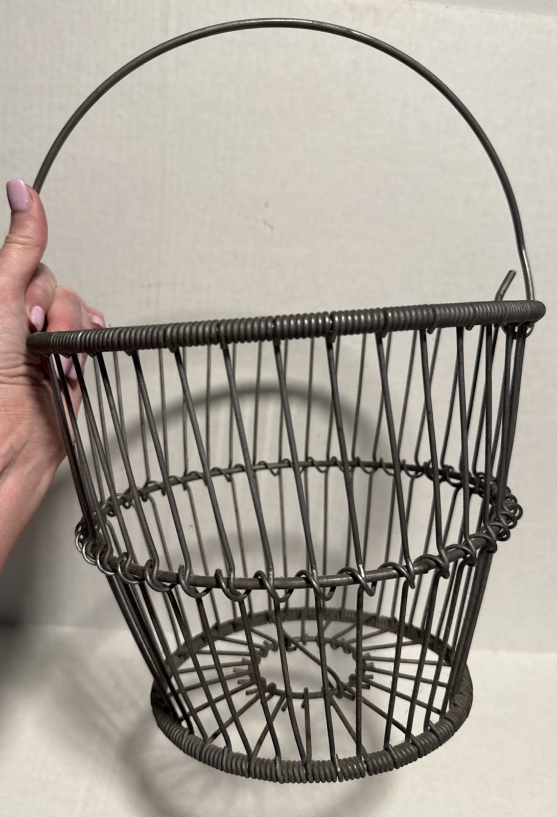 Wire Egg Gathering Basket w/ Handle, Vintage Item, Zinc Decorative Coiled Wire