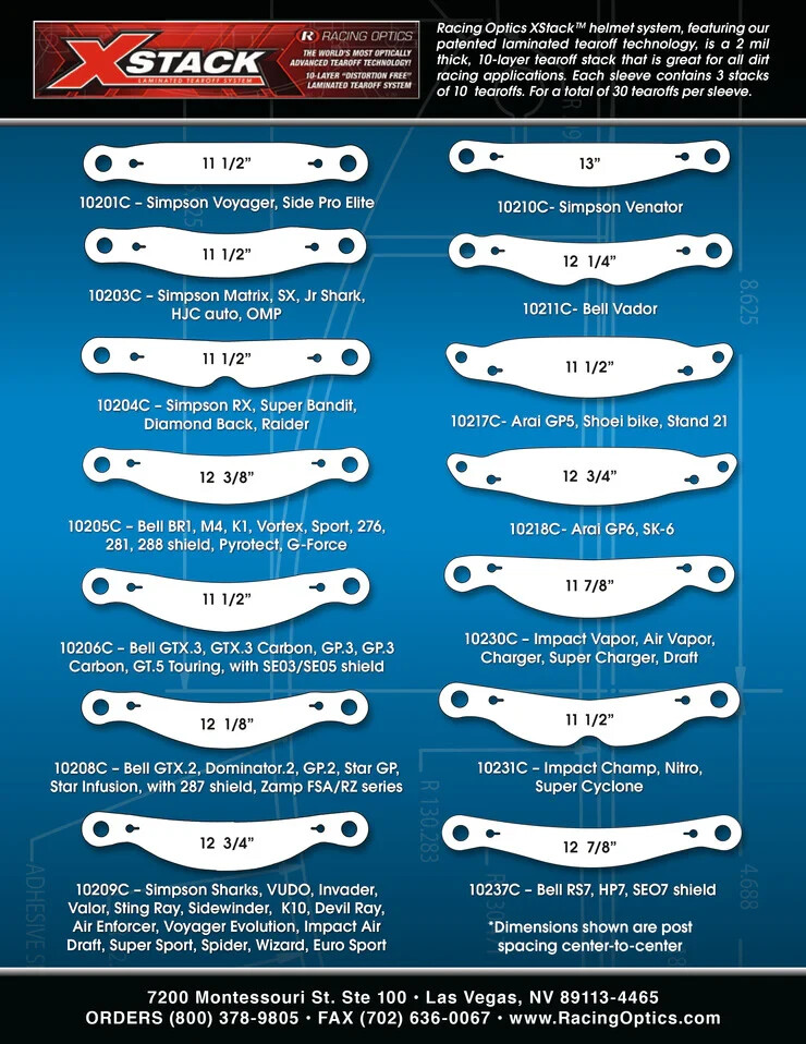 Racing Optics XStack Helmet Visor Tear Offs (Specify Design, and Quantity)