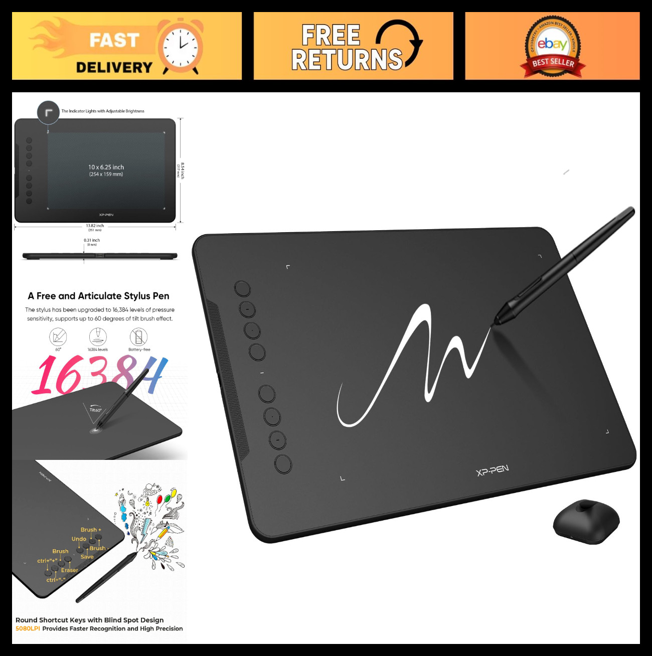 10x6 Drawing Tablet with 16K Battery-Free Stylus & 8 Customizable Keys - Ideal f