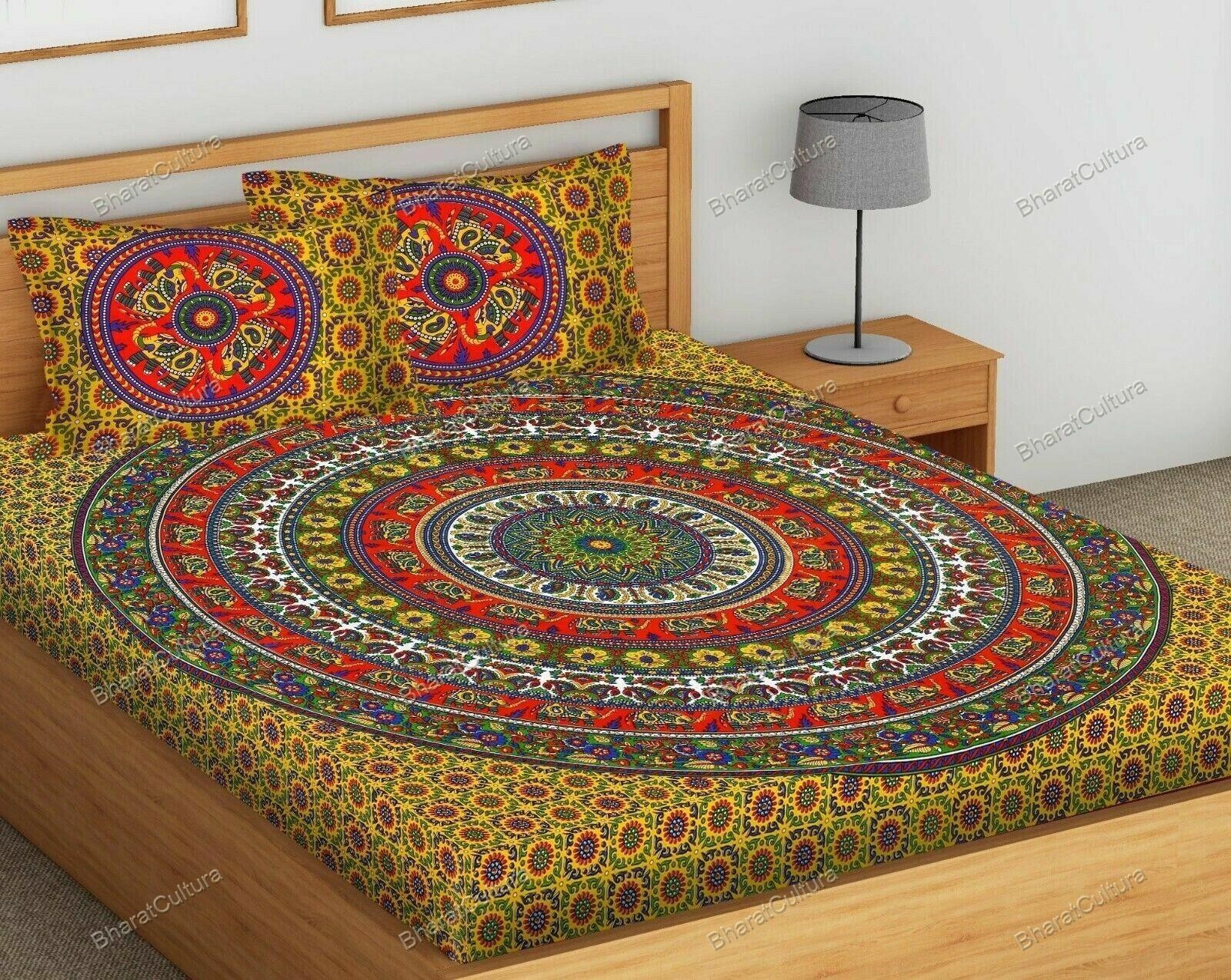 Indian Elephant Mandala Double Cotton Size Jaipuri Bed Sheets With 2 Pillow
