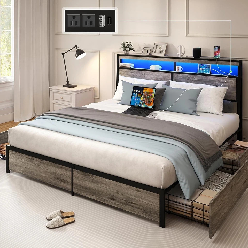 Full Queen King Bed Frame with Storage Headboard ,Charging Station & LED Lights