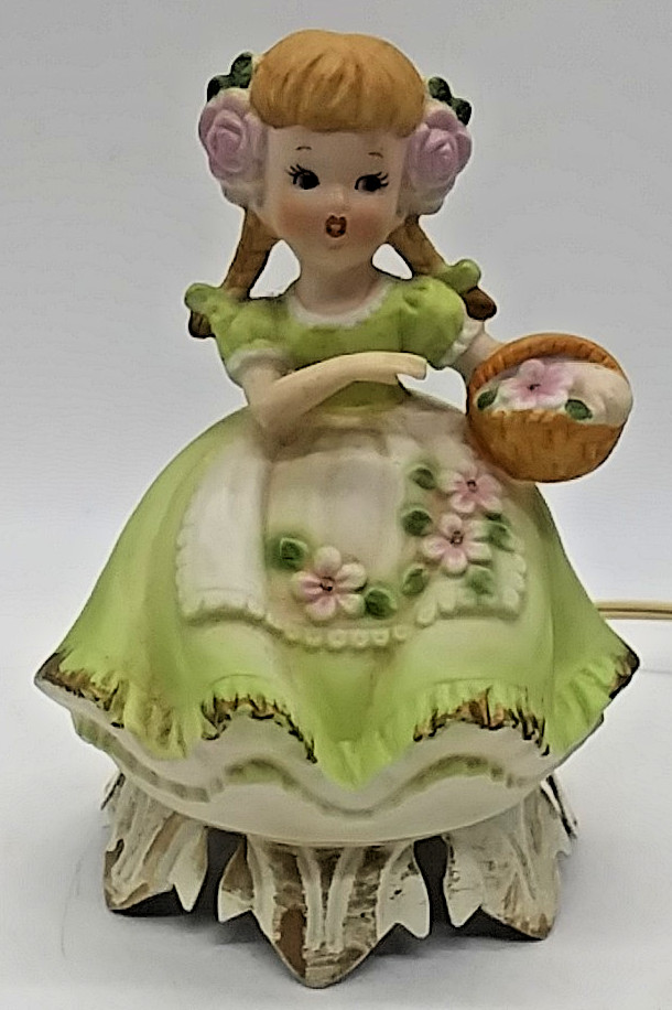 VTG 6" Underwriters Lab Portable Ceramic Night Lite Girl & Basket w/ Cord & Bulb