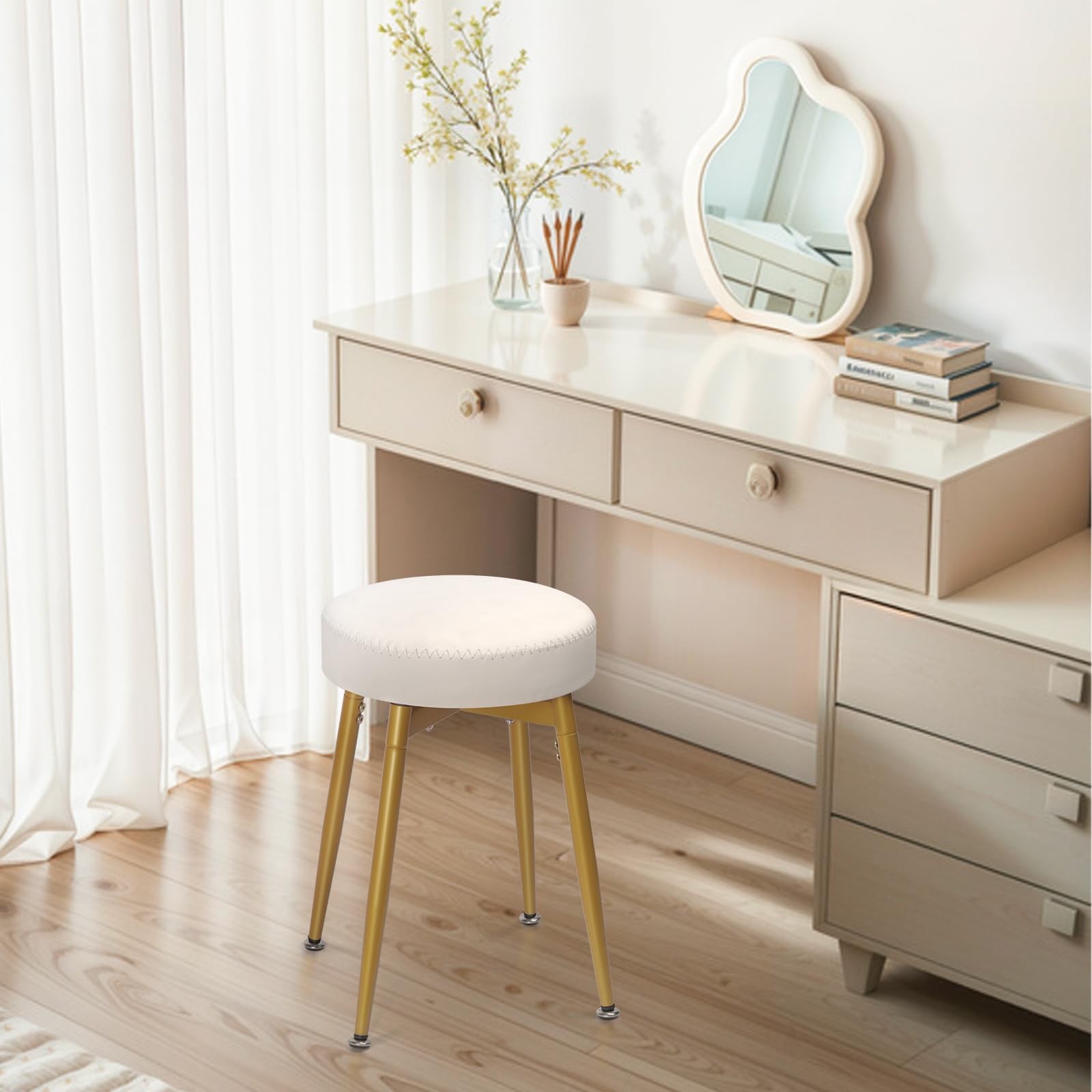 White Gold 360 Swivel Vanity Stool Round Faux Leather Ottoman Metal Legs
