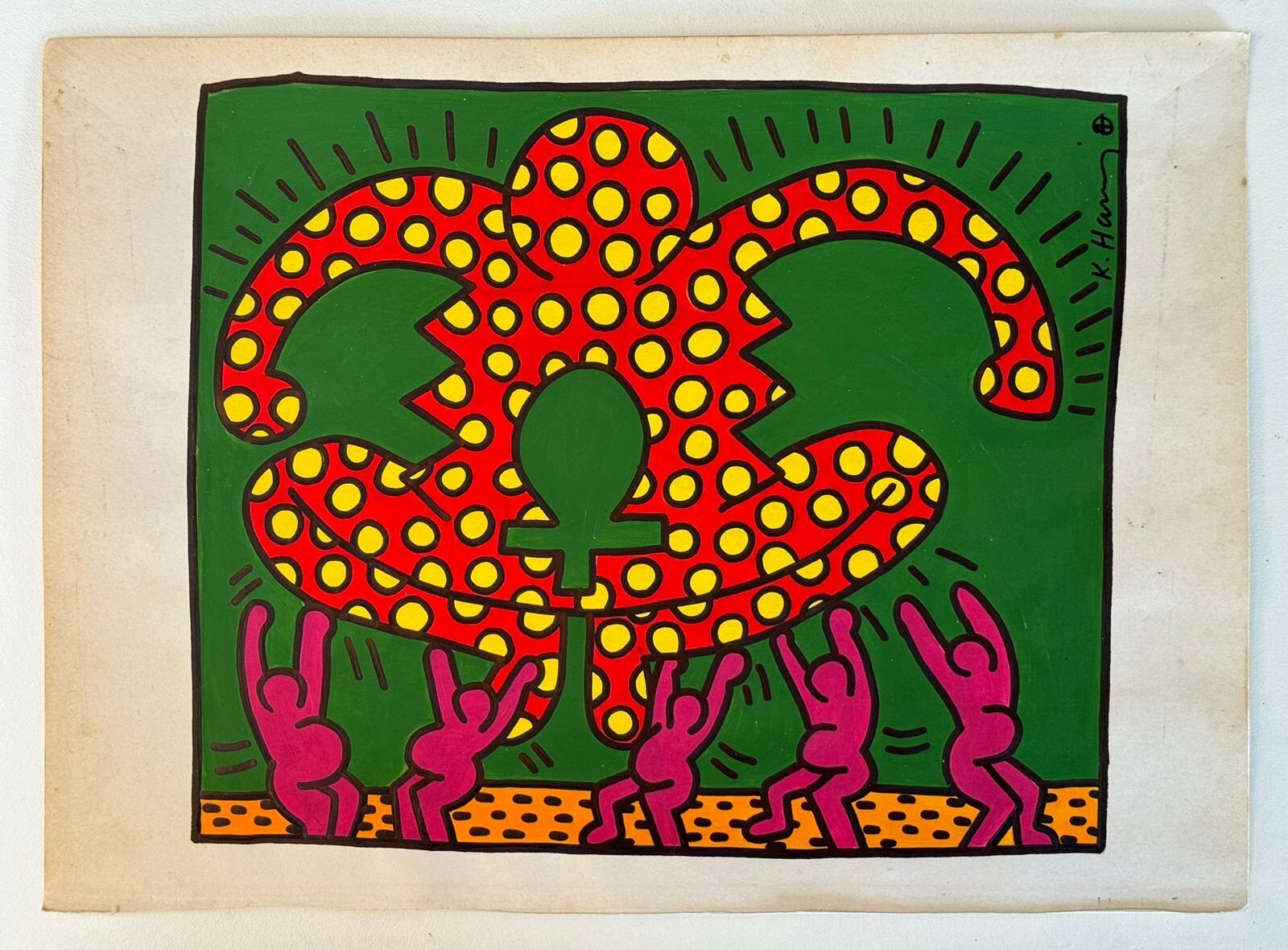 Keith Haring (Handmade) Drawing On Old Paper Signed & Stamped, vtg art