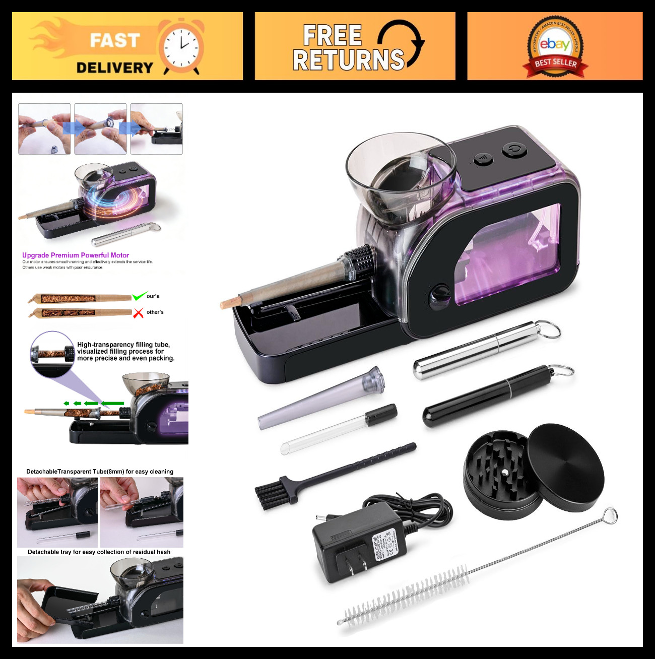 Electric Cone Rolling Machine Set with Manual Grinder, LED Light, Portable Tobac