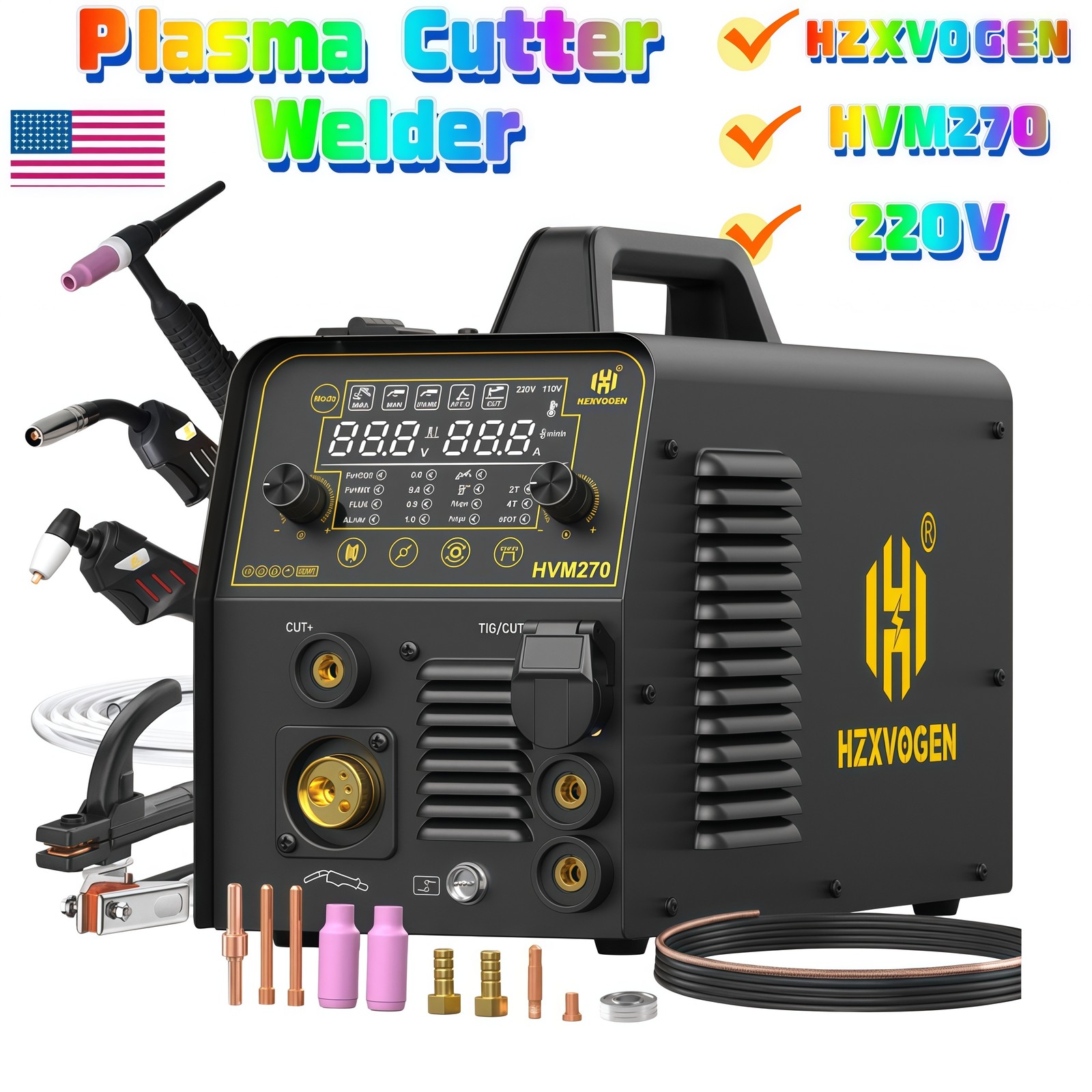 HZXVOGEN 6IN1 MIG/CUT/TIG/MMA Welder 220V 250A Gas/Gasless Plasma Cutter HVM270