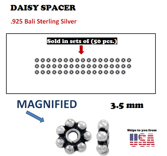 50 Pieces | 925 Sterling Silver | 3.5 mm *SMALL HOLE* Daisy Spacer Bali Bead