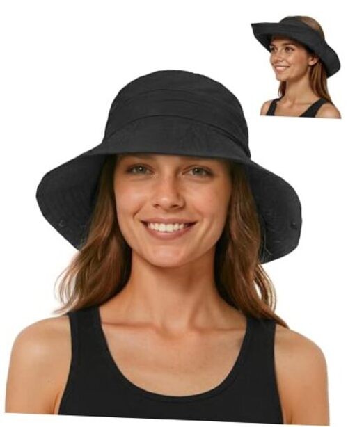 Sun Hats for Women Men, Waterproof Packable 2 in 1 UV Protection Large Black