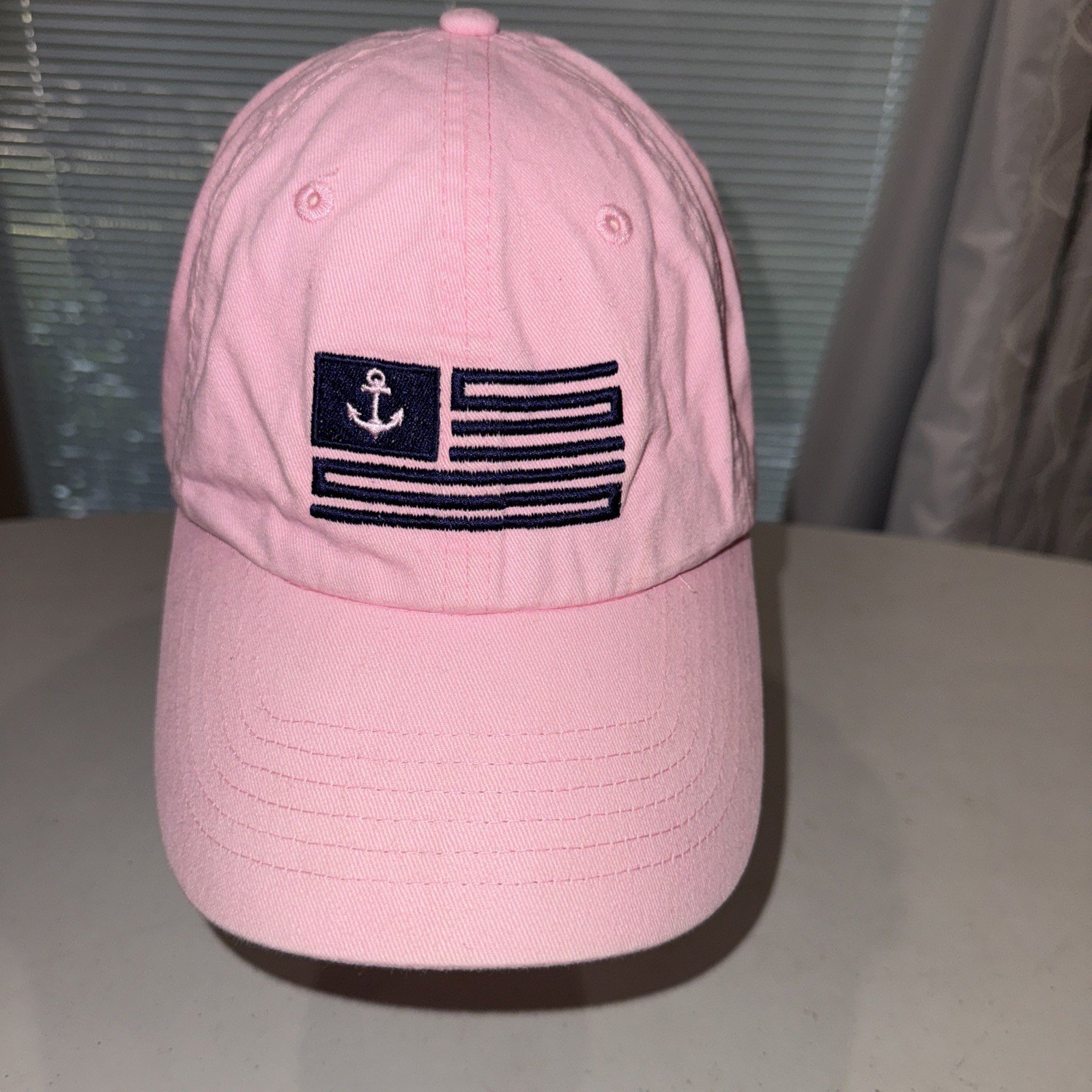 Navy Anchor Flag w stripes on Pink Hat Cap Cotton Strap Buckle HeadShot by KCcap