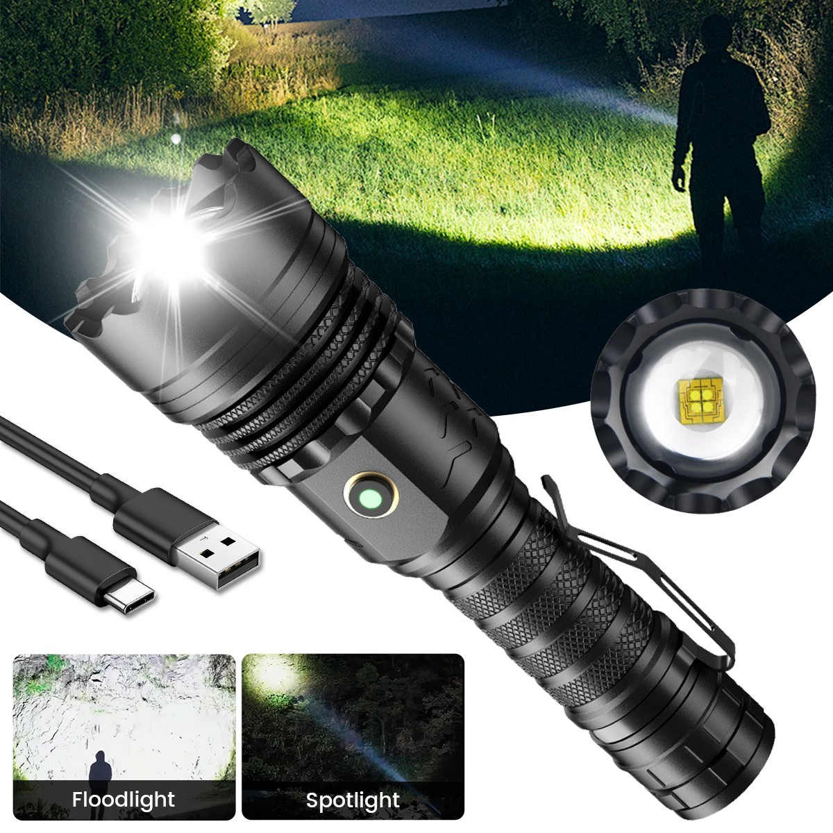4-Core White Laser LED Flashlight 5 Modes – Rechargeable Waterproof Torch