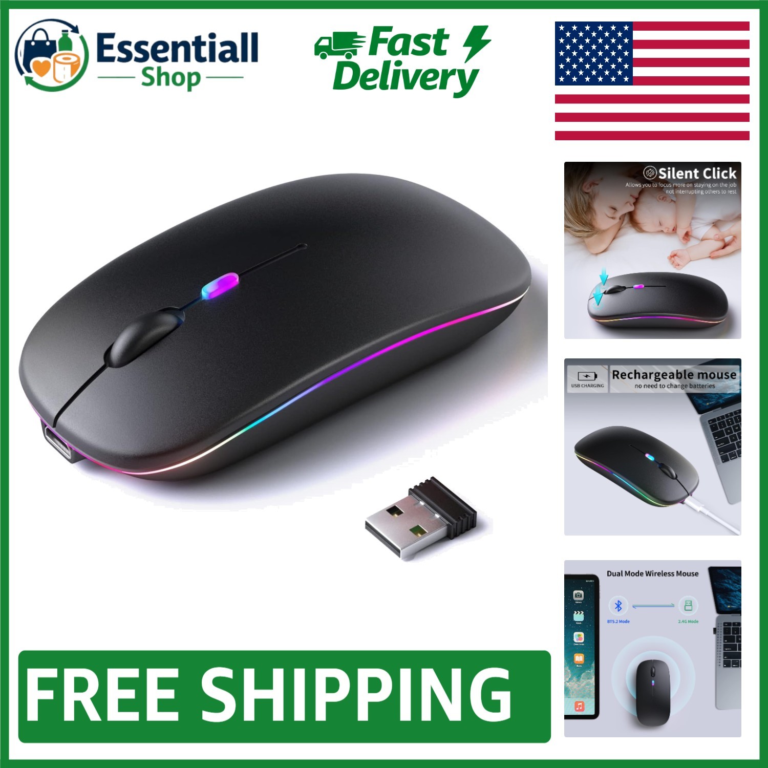 Stylish Rechargeable Bluetooth Mouse with Colorful LED Lights for All Devices