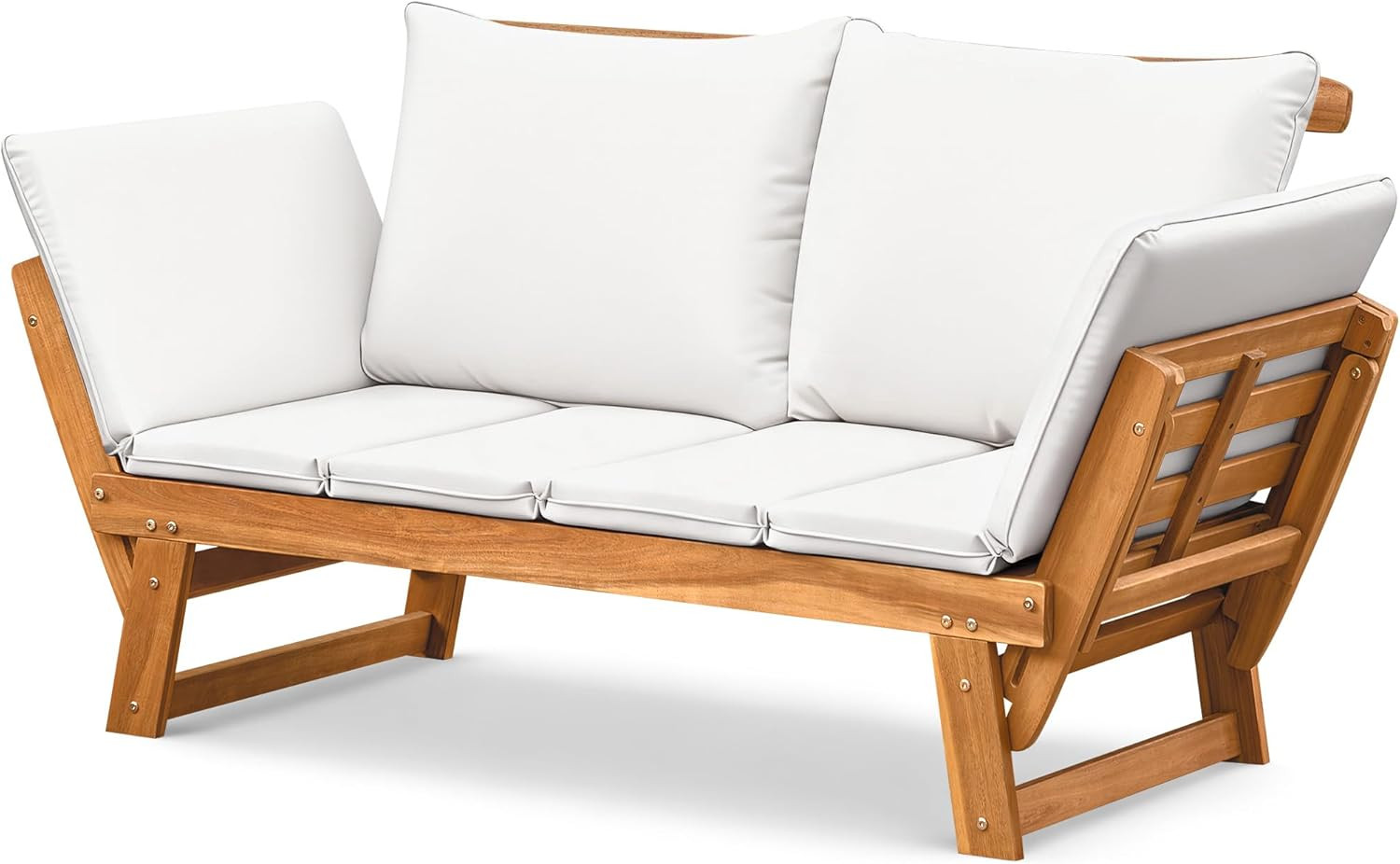 Flamaker Outdoor Couch with Adjustable Armrests, Acacia Wood Patio Loveseat with
