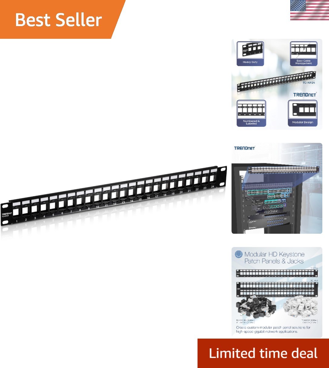 High-Performance 24-Port Black Patch Panel - Supports Gigabit Ethernet and Cat6