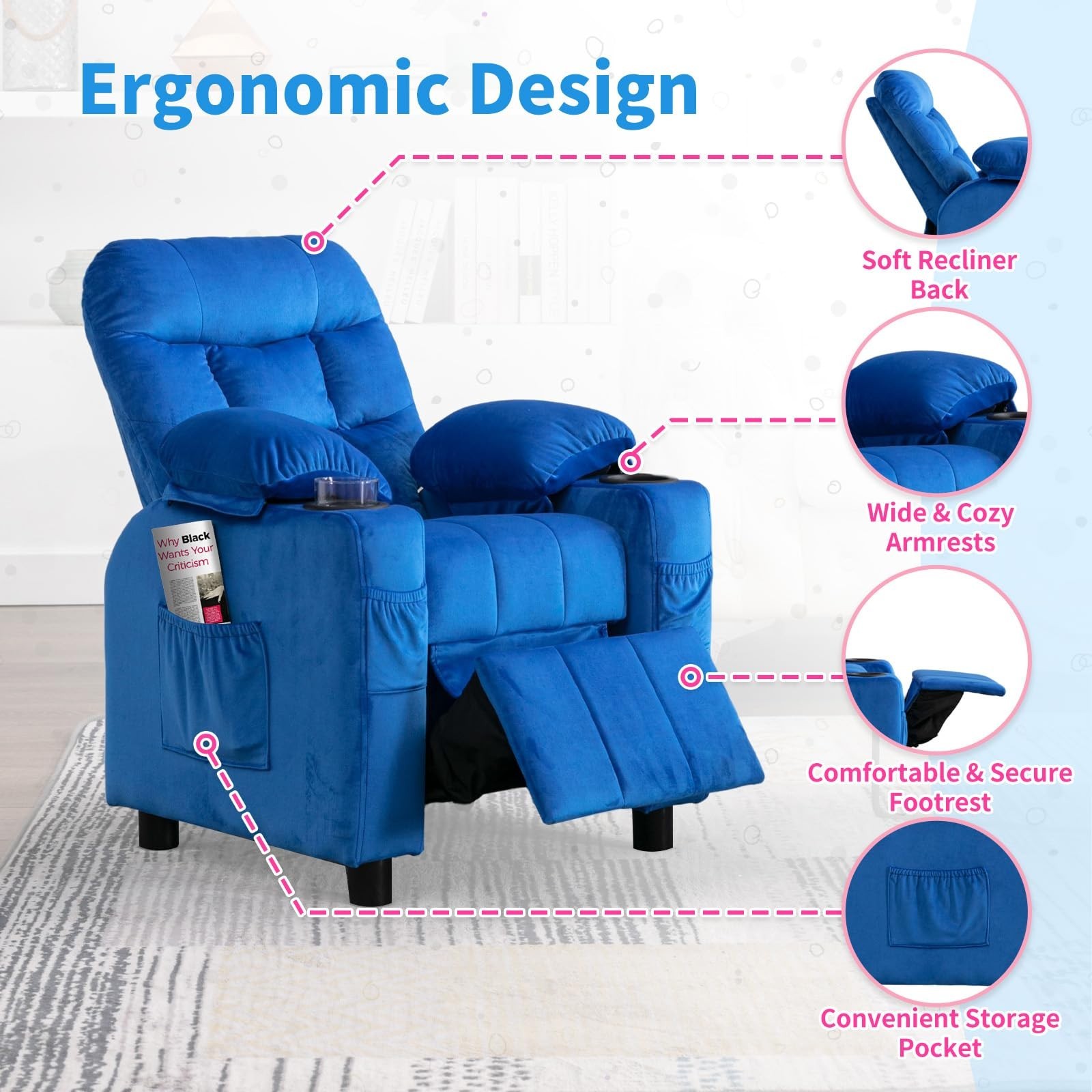 Kids Youth Recliner Chair Adjustabl Velvet Fabric Sofa w/Cup Holder &Side Pocket
