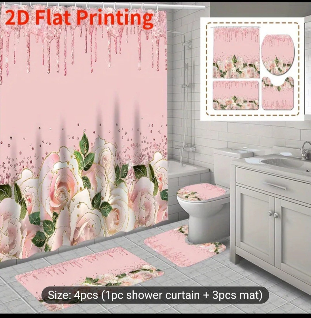 4pcs Modern Bathroom Shower Curtain Set with Toilet Cover & Non-Slip Carpe
