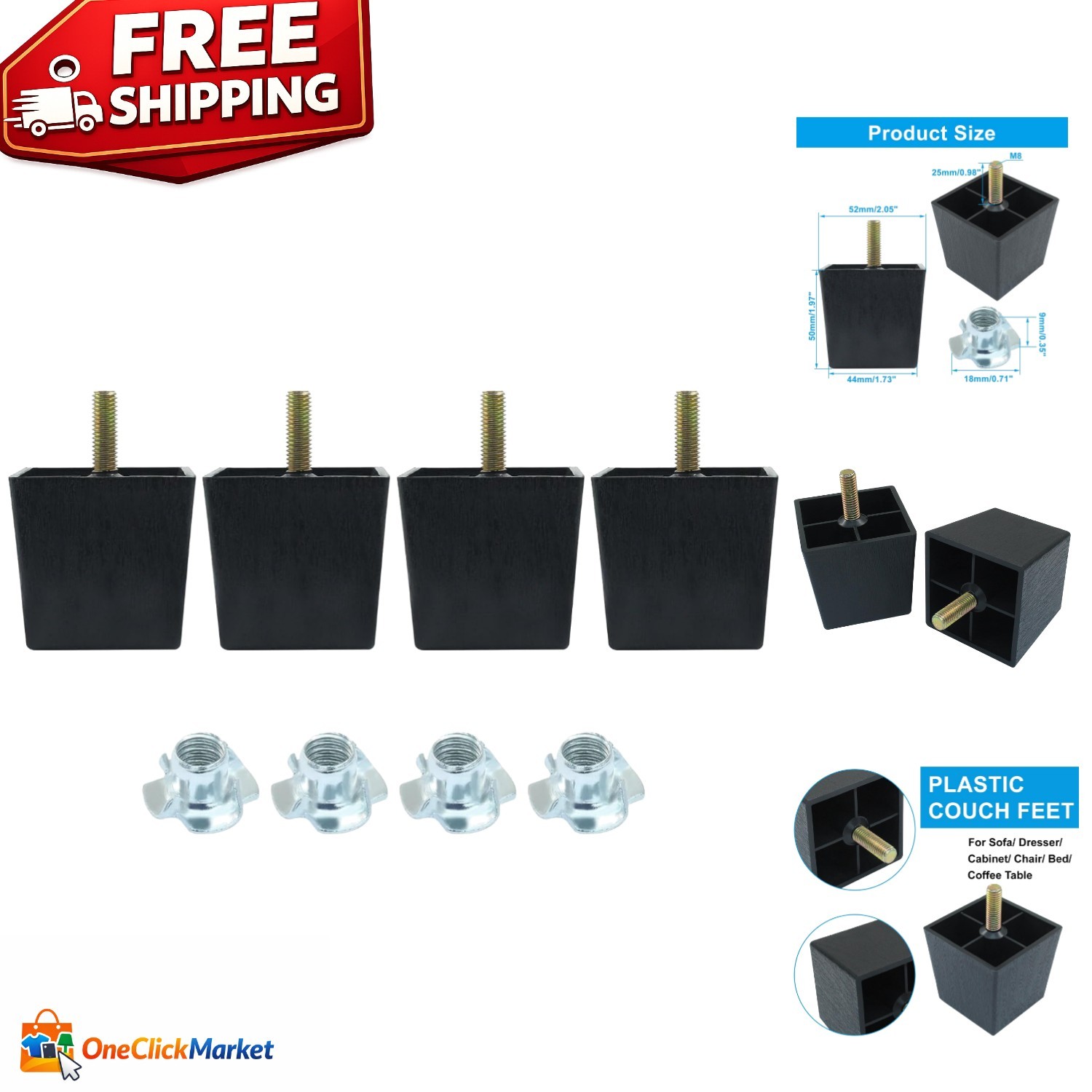 Weather-Resistant 2 Inch Square Couch Legs - Stylish 4 Pack for Any Furniture