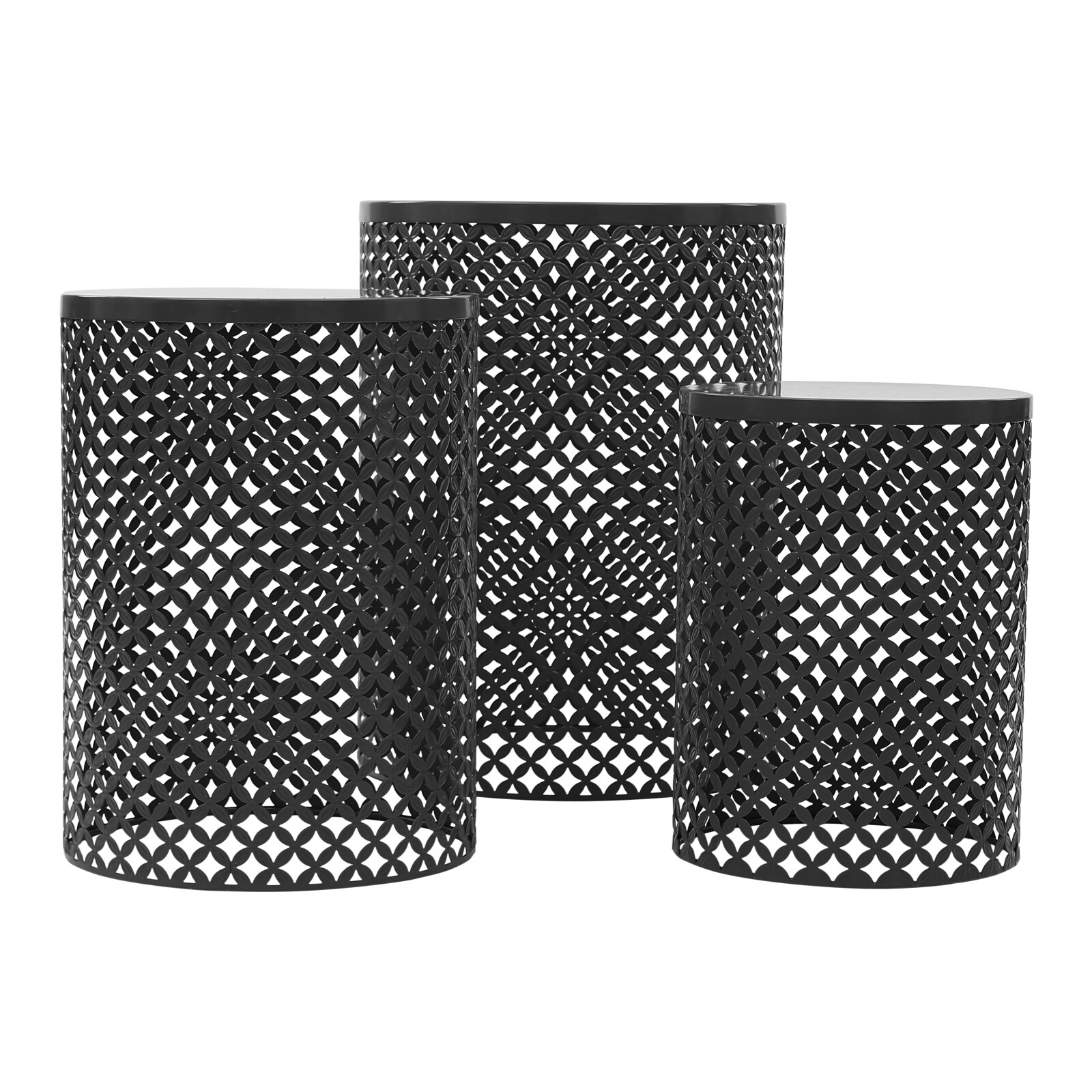 3-Piece Black Iron Cylindrical Side Table Set Indoor Outdoor Nesting Tables