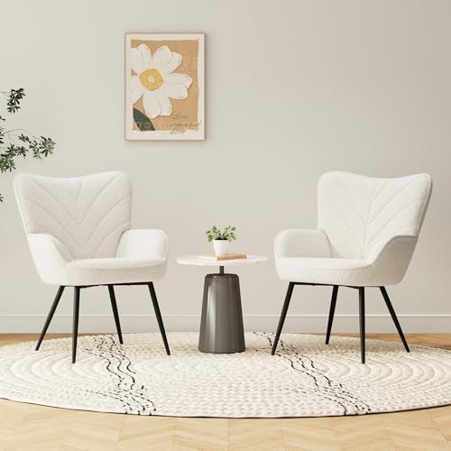 Mid-Century Modern Sherpa Accent Chair, Upholstered Armchair for set of 2 Beige