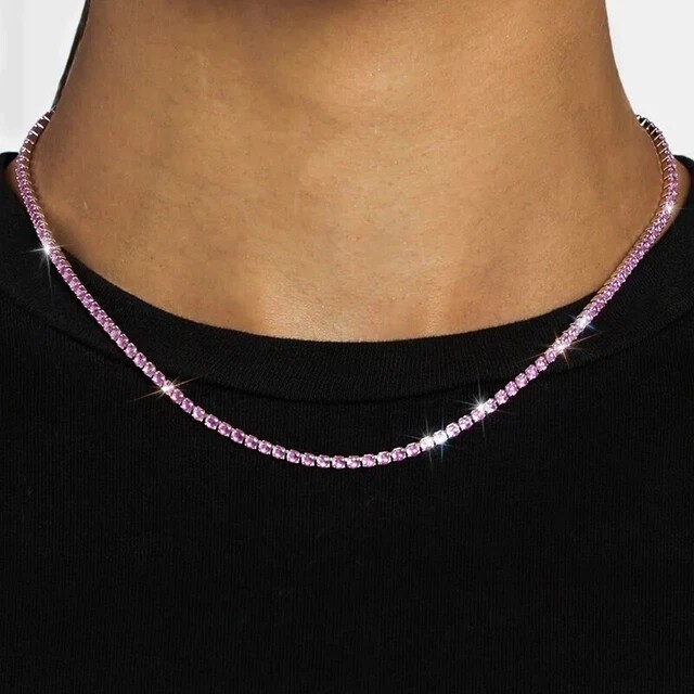 3MM 14Ct Round Lab Created 14K White Gold Finish Pink Sapphire Tennis Necklace