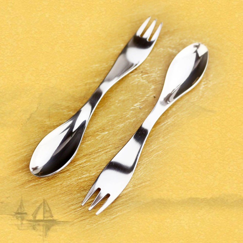 2 Pcs Stainless Steel Double Ended Spork Fork Spoon Set For Outdoor Camping