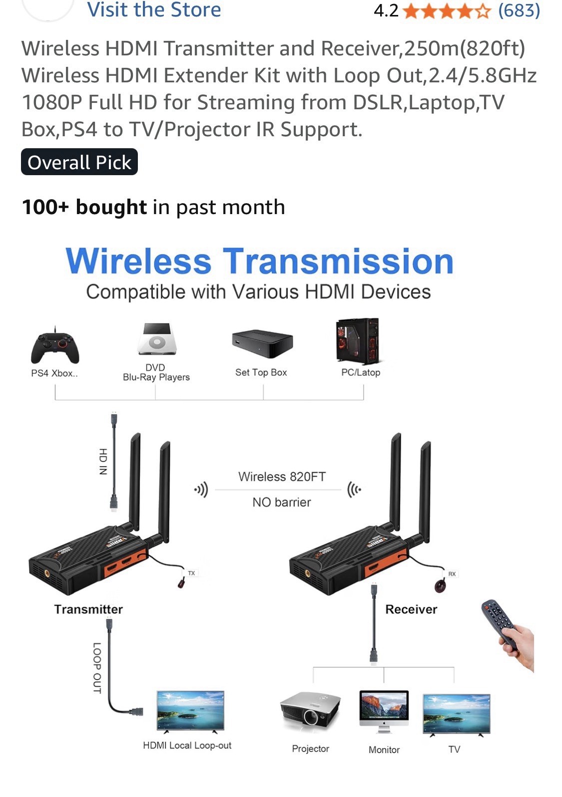 Vrriis WL009 Wireless HDMI Extender TX/RX 1080P 2.4/5.8GHz IR Loop Out