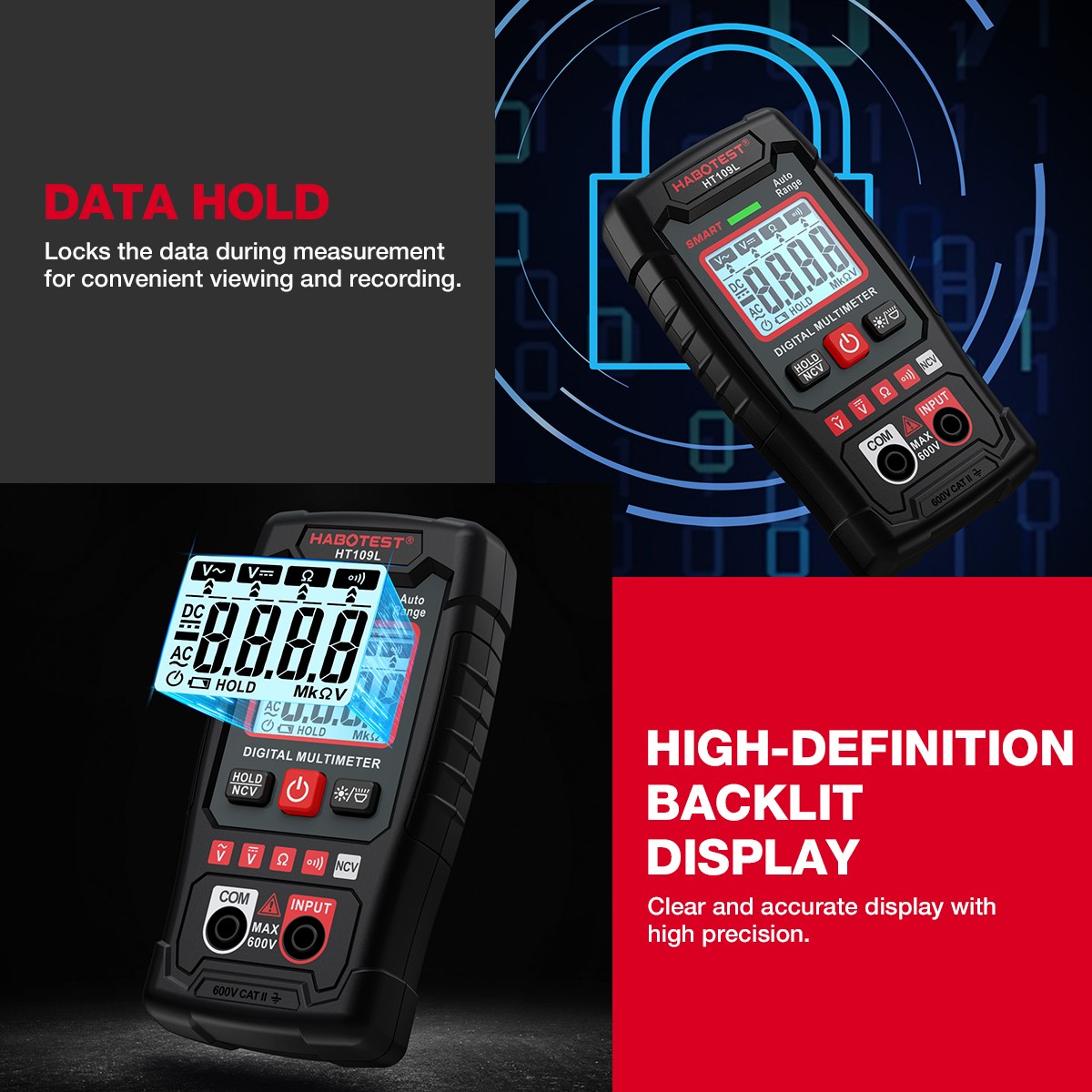 2Pcs HABOTEST HT109L Handheld NCV Digital Multimeter AC DC Voltmeter Ohmmeter