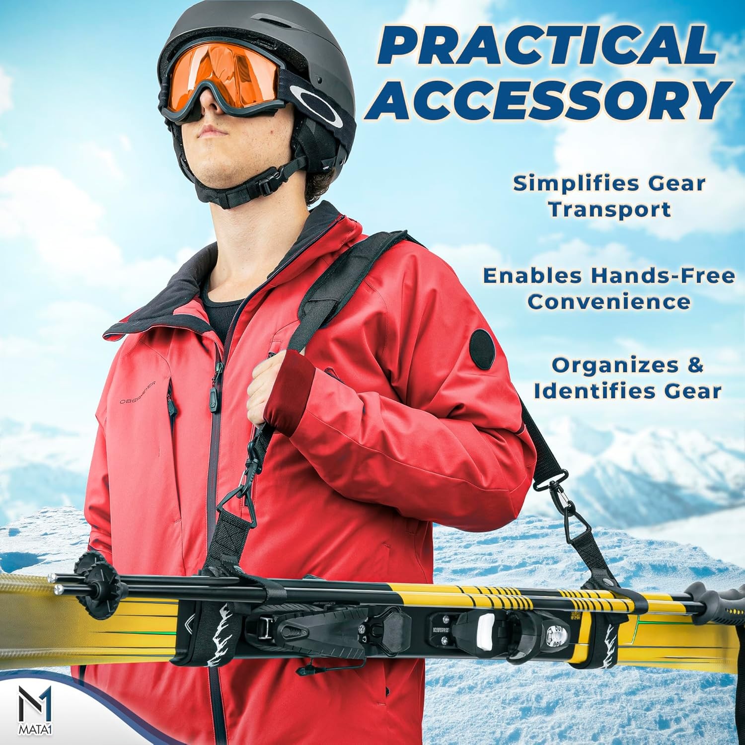 Ski Strap & Pole Carrier - Black - Adjustable Shoulder Strap to Carry Skis & Pol