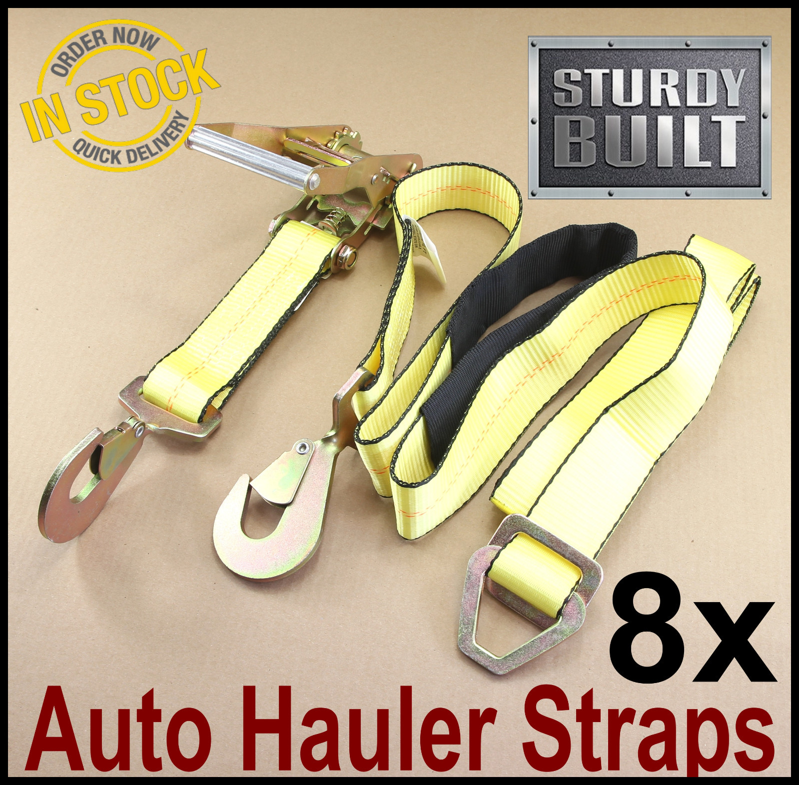 8x Race Car Auto Trailer 10' Tie Down Car Hauler Ratchet Straps Wrecker Tow Hook