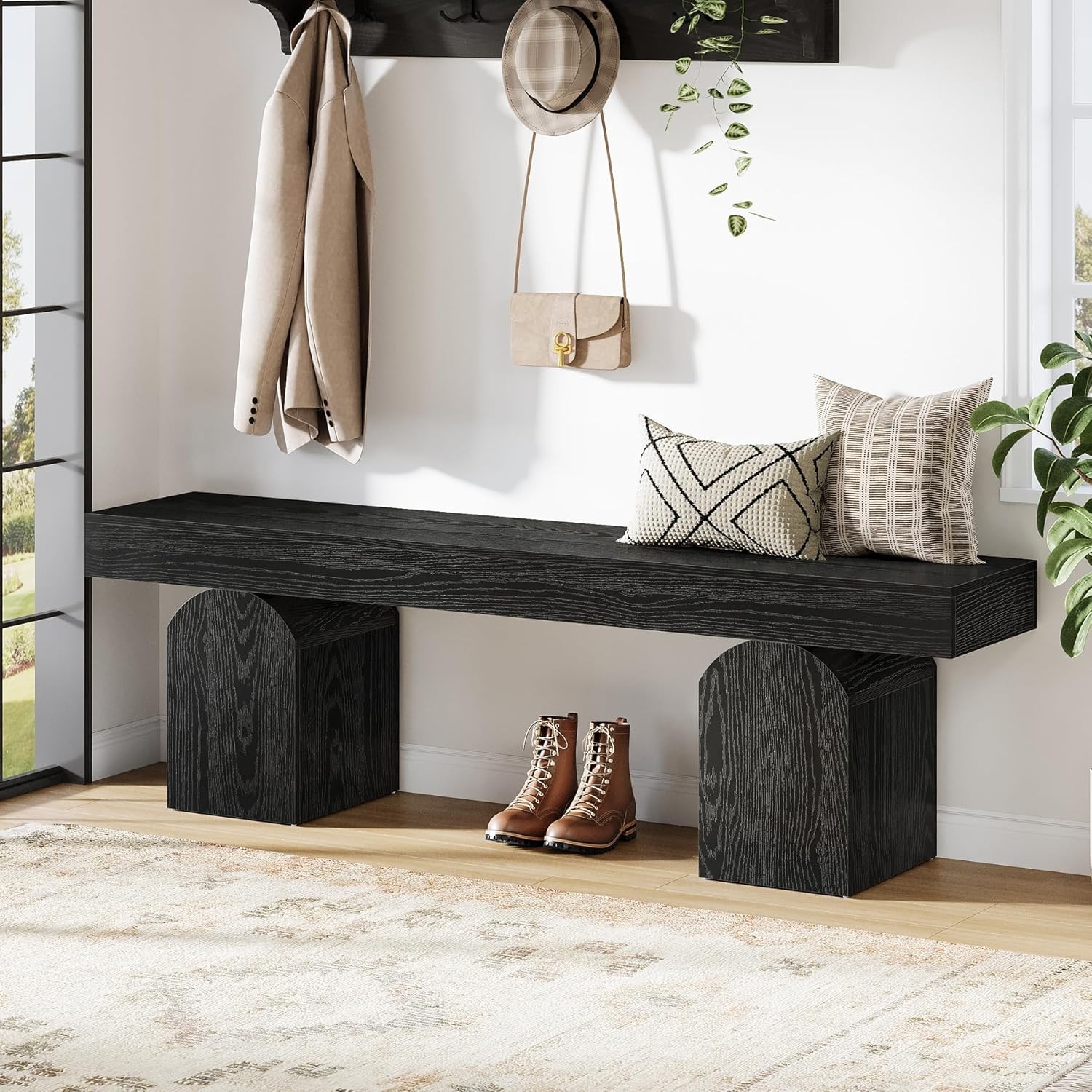 59-Inch Black Entryway Bench, Long Wooden Indoor Bench for Hallway, Living Room