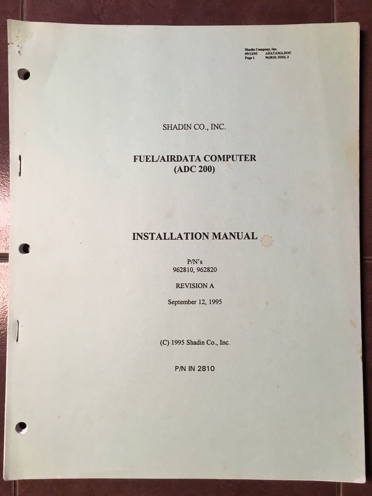 Shadin ADC 200 Fuel/AirData 962810 & 962820 install manual