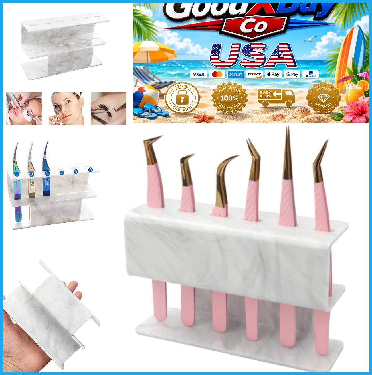 Acrylic 6 Hole Tweezers Holder Eyelash Extension Display Stand Marble