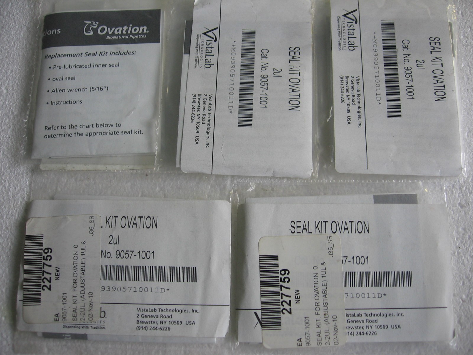 Lot of 5) VistaLab 9057-1001 Seal Kits for Ovation 0.2-2ul & 1ul & 2ul Pipettes
