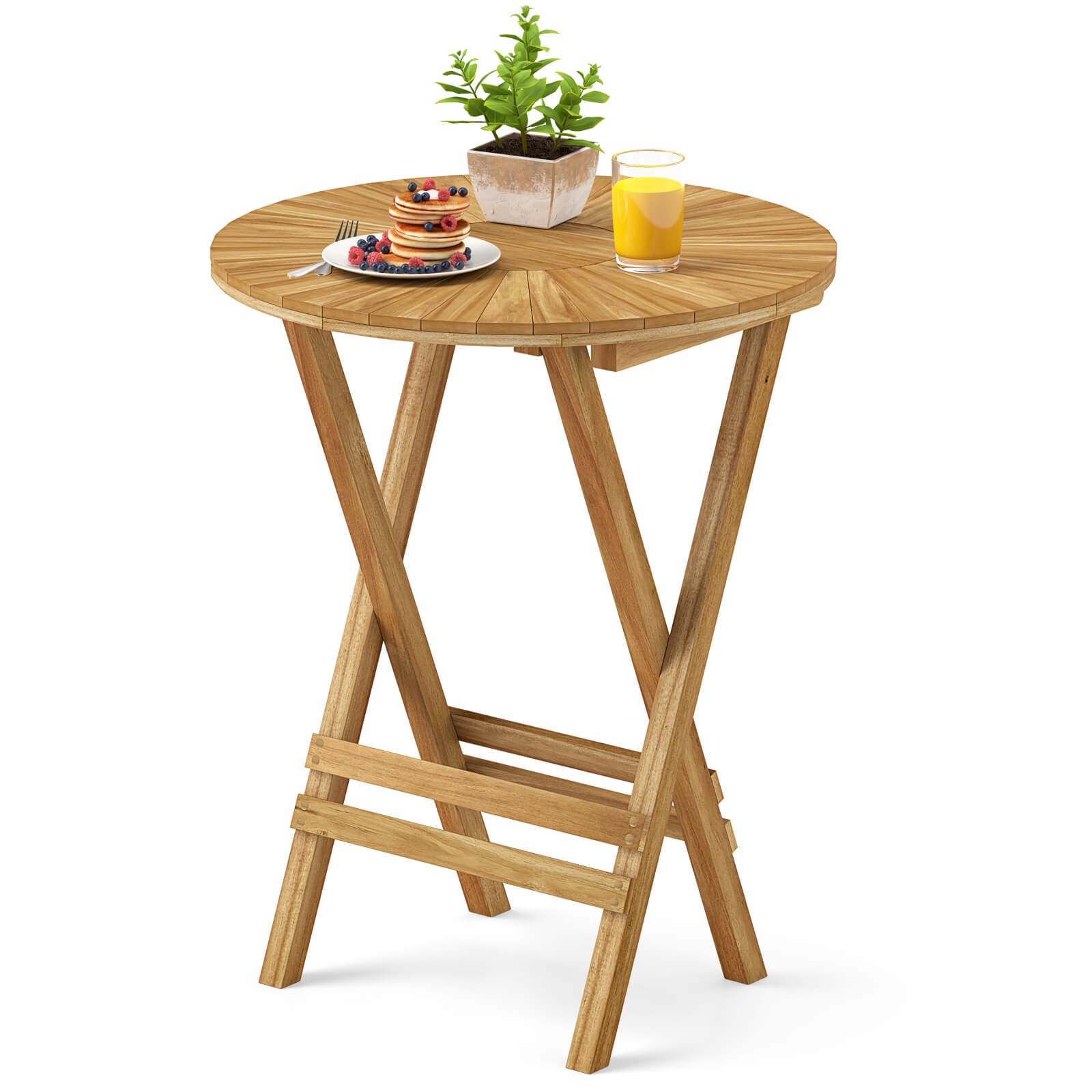 Patio Folding Side Table 23.5" Teak Wood Round End Table Fully Assembled Natural