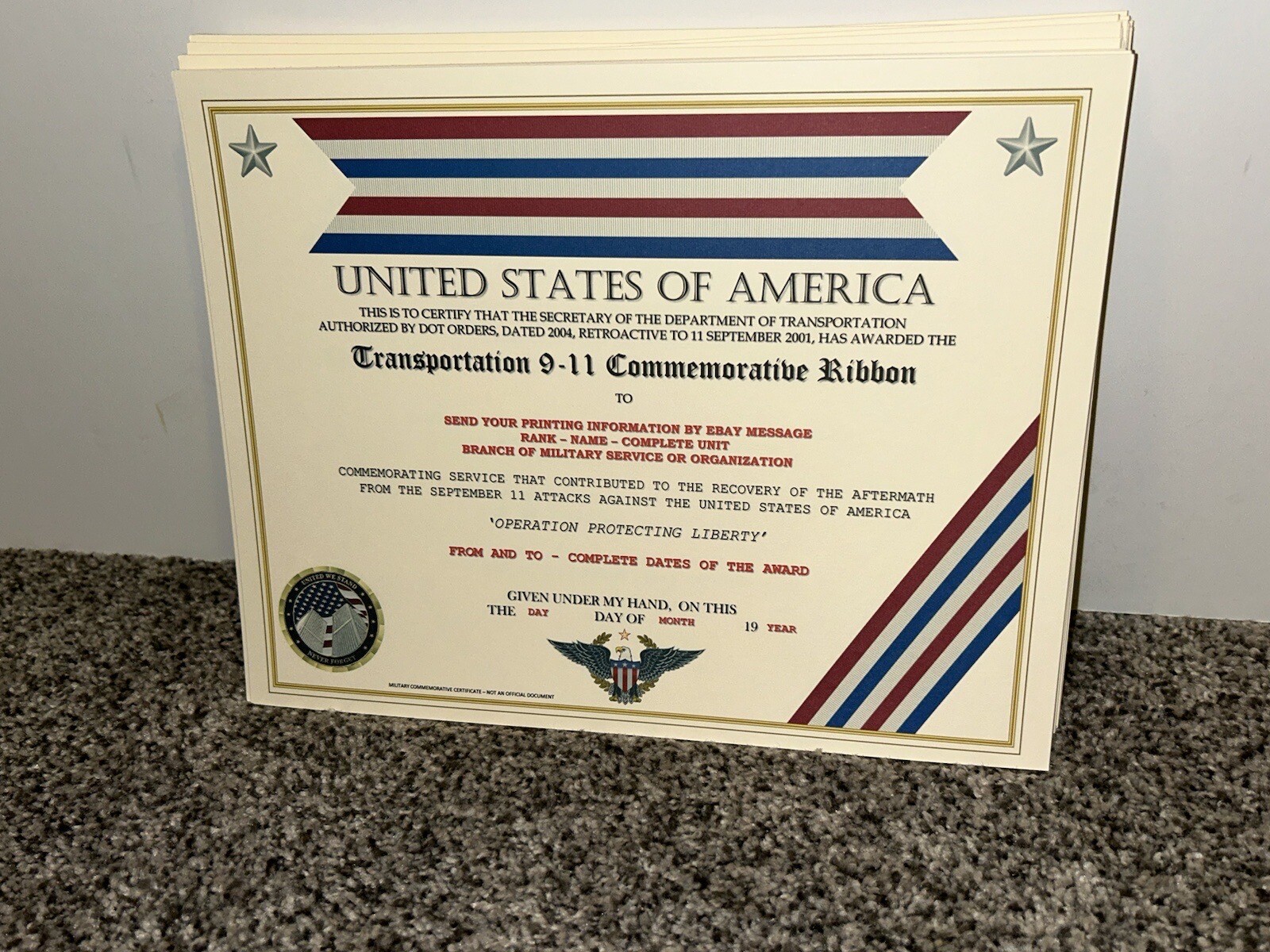 COAST GUARD / TRANSPORTATION 9-11 COMMEMORATIVE CERTIFICATE ~ W/PRINTING TYPE-1
