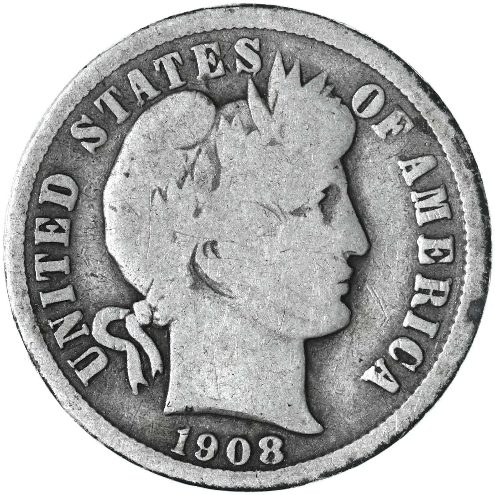 1908 (P) Barber Dime 90% Silver Good GD