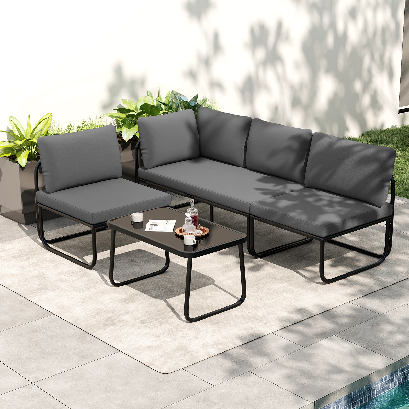 4 PCS Patio Furniture Set w/Cushions & Tempered Glass Coffee Table for Garden