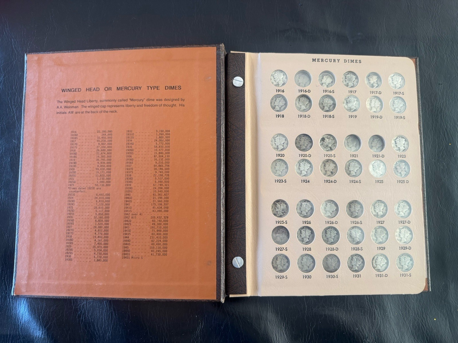 1916-1945 Mercury Silver Dime 73 Coin Near Complete Dansco Album No. 7123