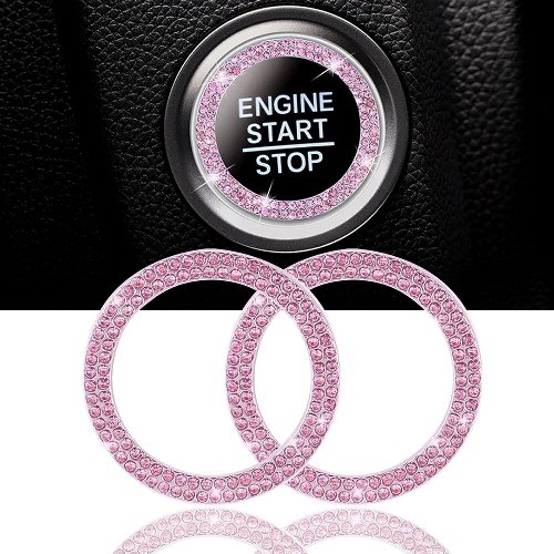 2-Pack Pink Crystal Car Engine Start Stop Button Decorative Ring Sticker, Interi
