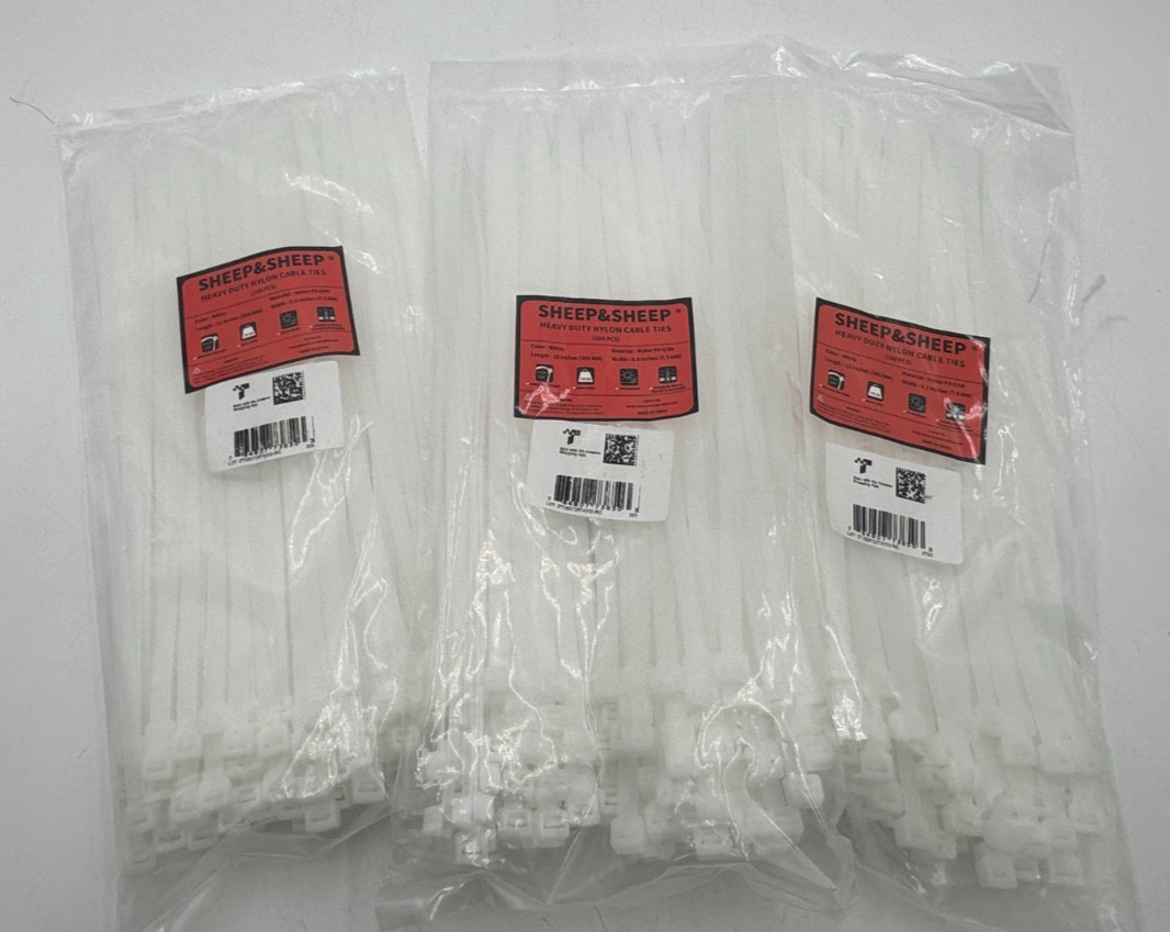 Lot of 3 SHEEP&SHEEP White Zip Ties 12", 100 CT Each, 120LBS Tensile Strength
