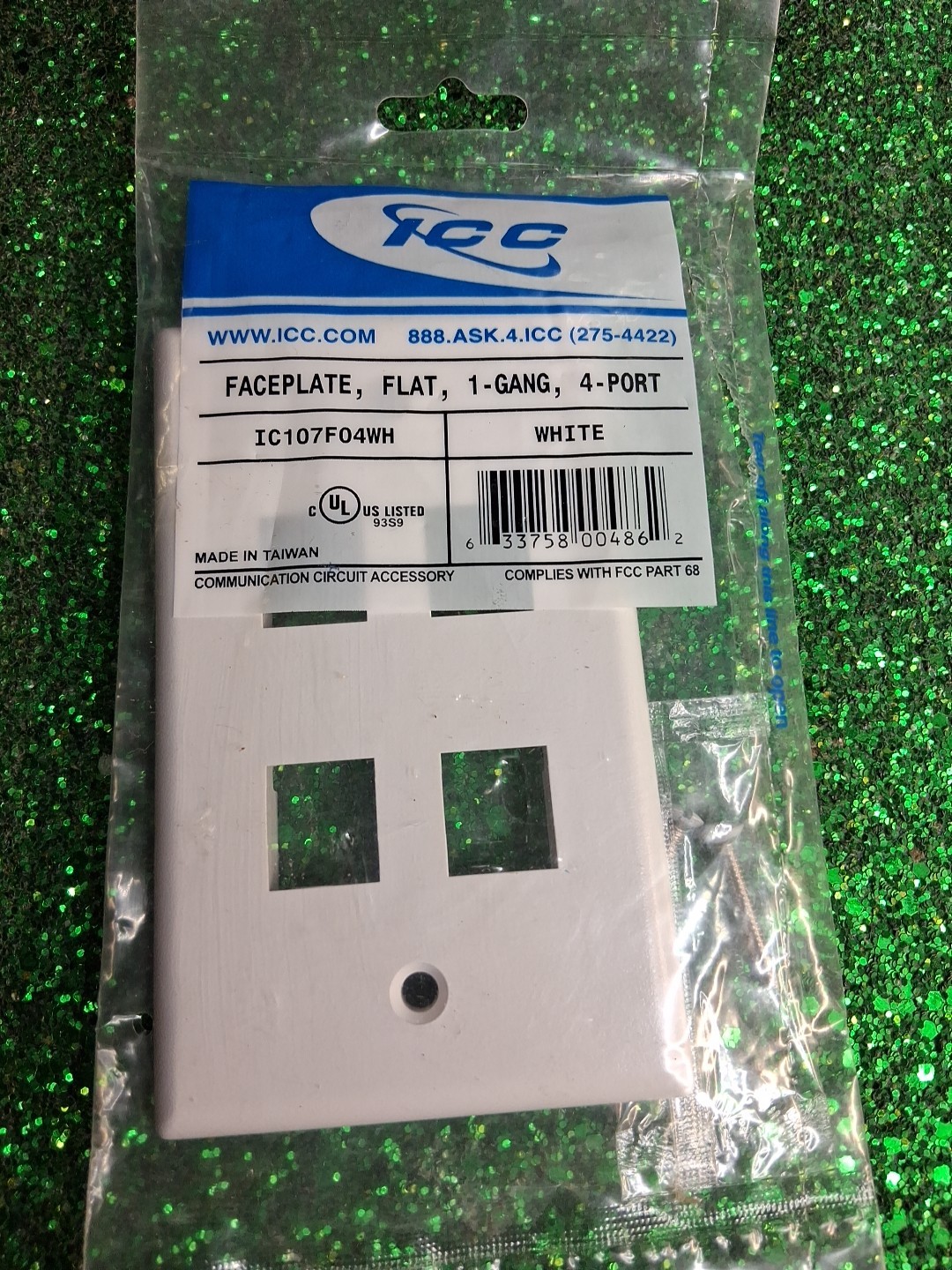 ICC IC107F04WH - 4 Port Single Gang Faceplate White ICC-FACE-4-WH Free Shipping