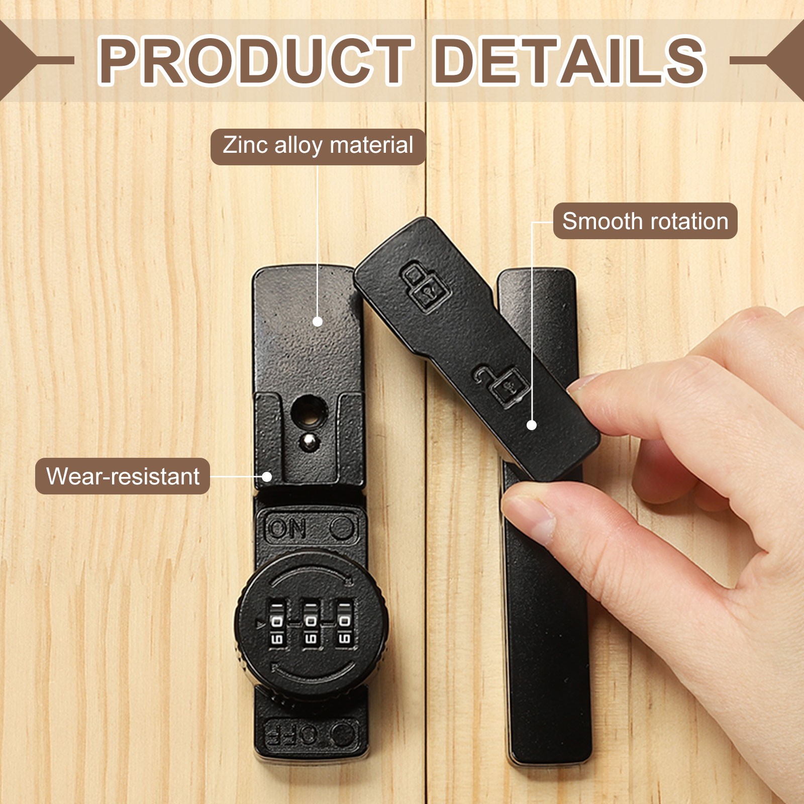 180° Sliding Lock with 3 Digit Code for Barn Door, Copper Color